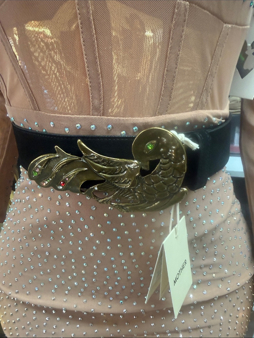 MOTHER Black Belt with Gold Swan Buckle and Gem Accents